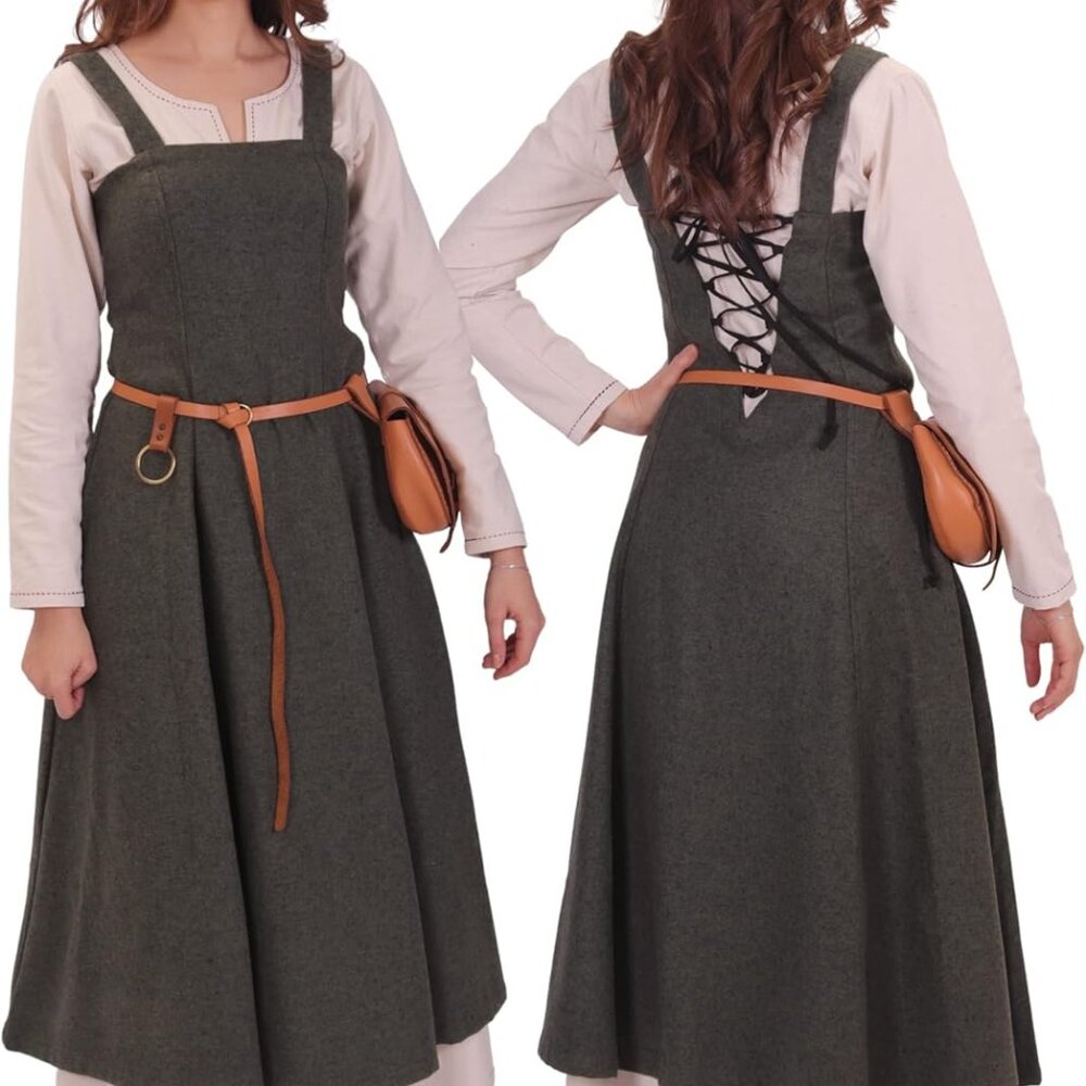 Expressive Khaki Wool Viking Apron Overdress - XS/S for LARP & Reenactment